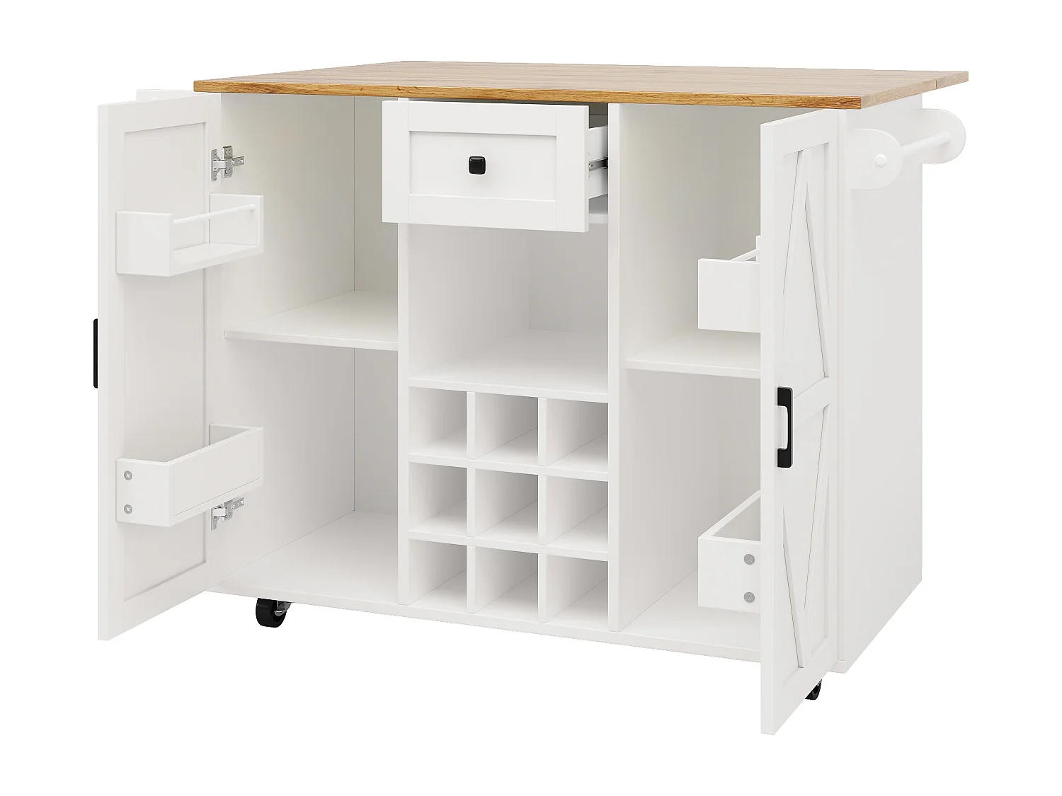 Mobiel keukeneiland - Uitschuifbaar werkblad - 1 lade en 3 deuren met planken - met handdoekhouder - MDF - wit en naturel