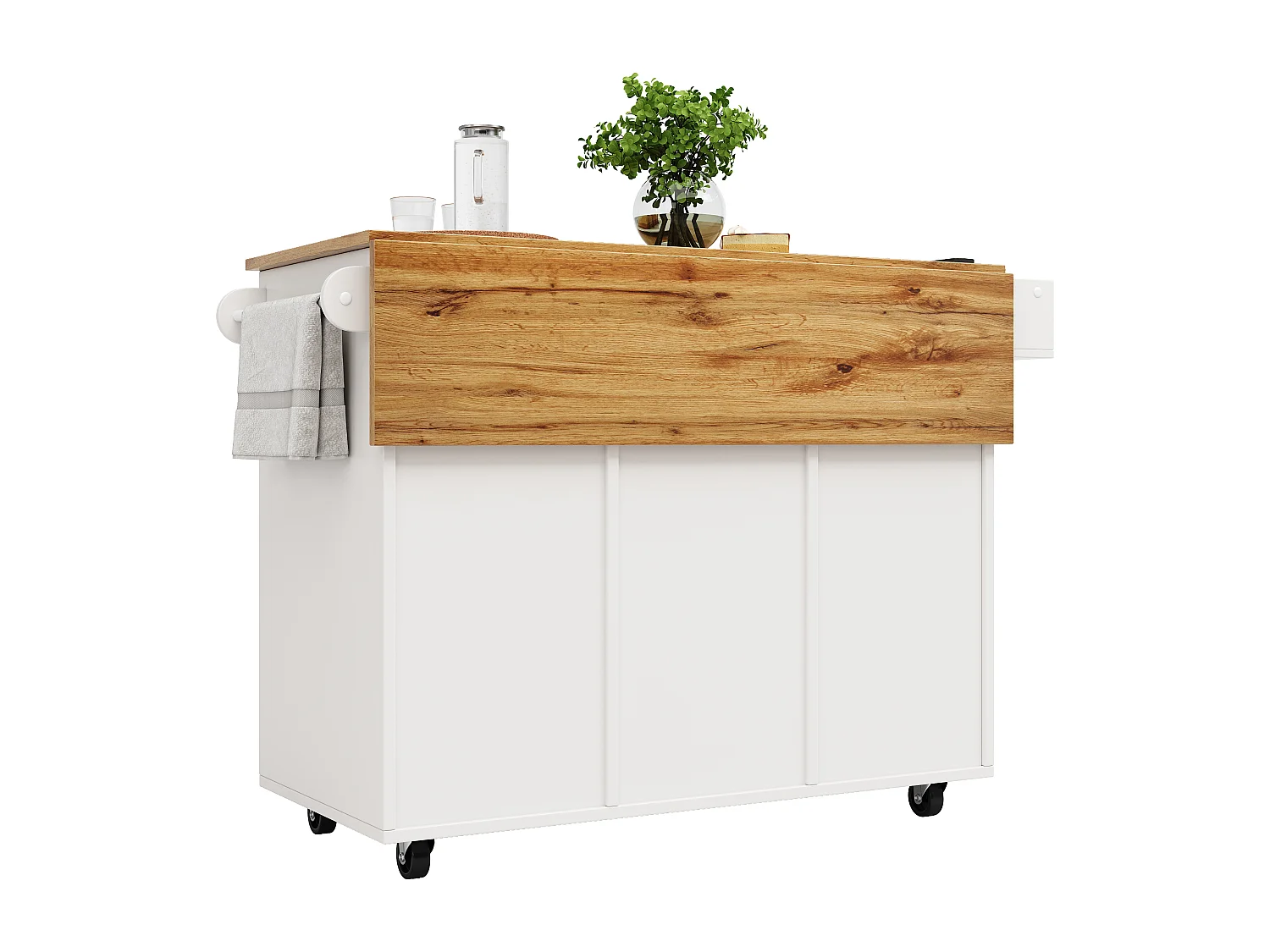 Mobiel keukeneiland - Uitschuifbaar werkblad - 1 lade en 3 deuren met planken - met handdoekhouder - MDF - wit en naturel