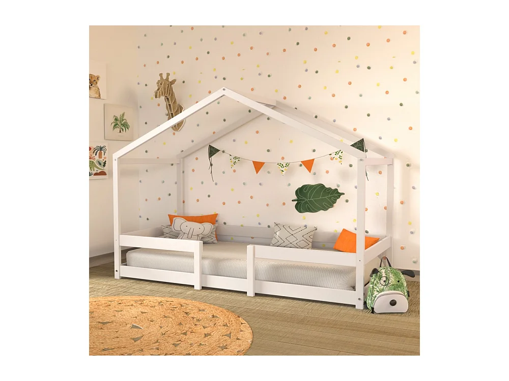 Lit cabane enfant 90x190cm bois massif INDIK Blanc inclus sommier