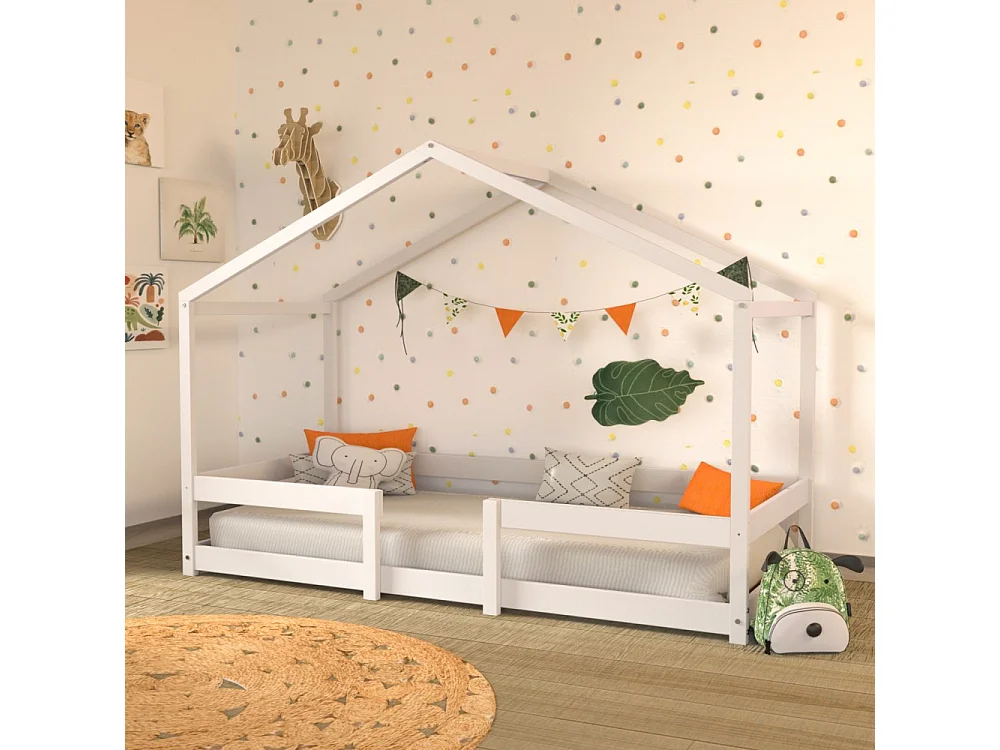 Lit cabane enfant 90x190cm bois massif INDIK Blanc inclus sommier