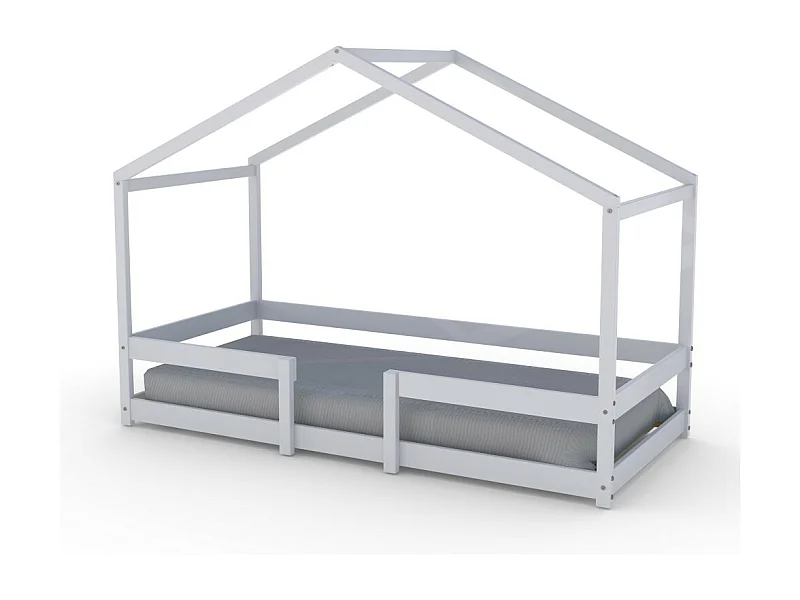 Lit cabane enfant 90x190cm bois massif INDIK Blanc inclus sommier