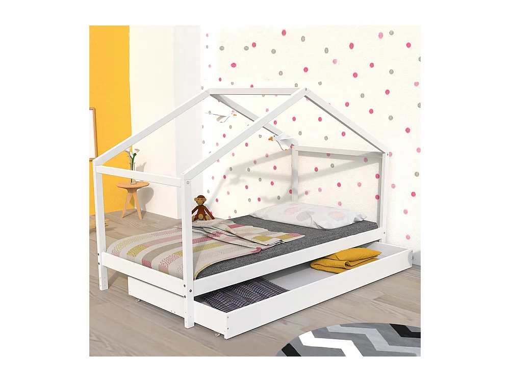 Lit cabane enfant 90x190cm bois massif KITO blanc inclus sommier et tiroir