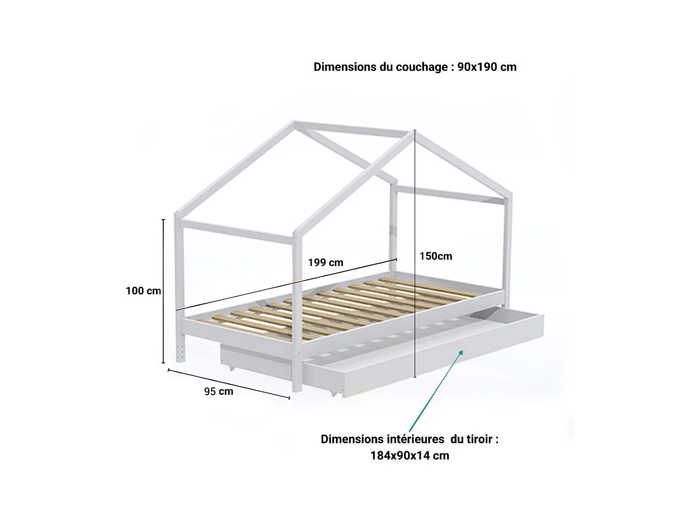 Lit cabane enfant 90x190cm bois massif KITO blanc inclus sommier et tiroir