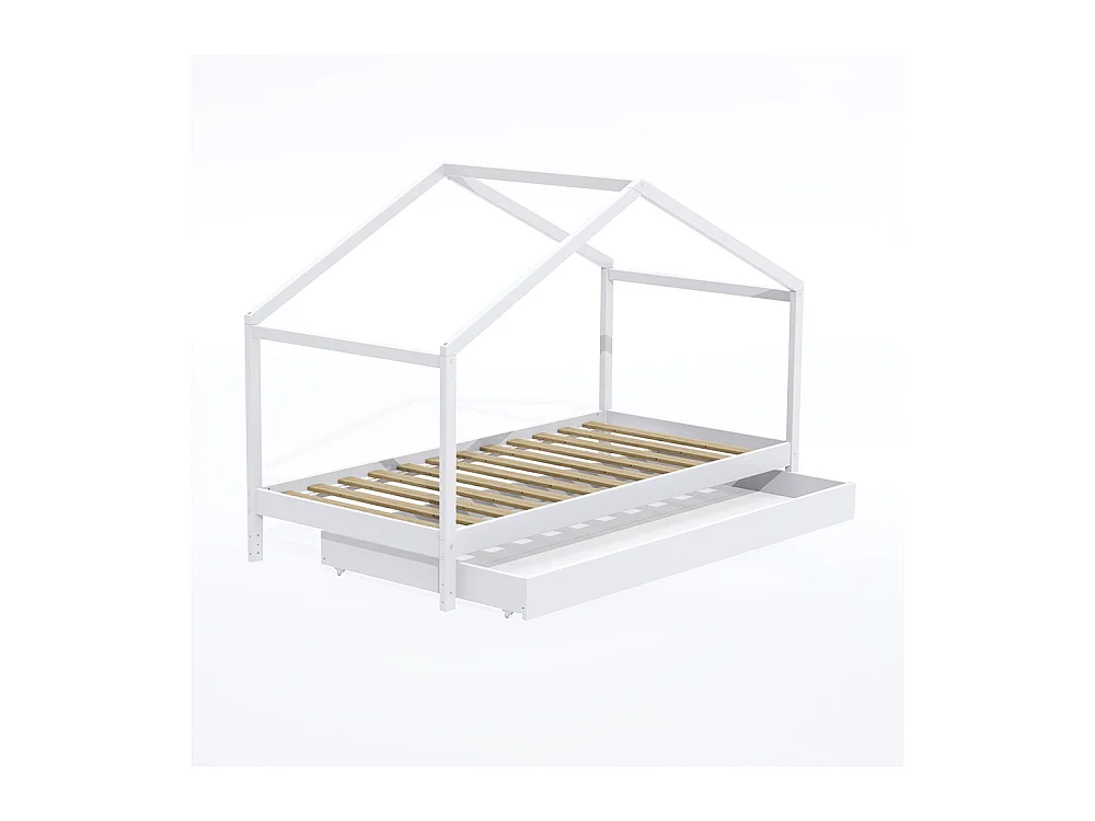 Lit cabane enfant 90x190cm bois massif KITO blanc inclus sommier et tiroir