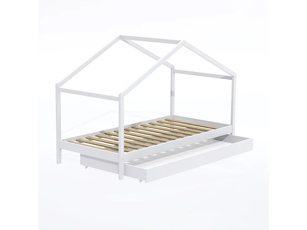 Lit cabane enfant 90x190cm bois massif KITO blanc inclus sommier et tiroir