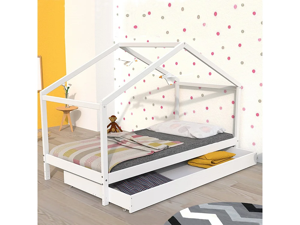 Lit cabane enfant 90x190cm bois massif KITO blanc inclus sommier et tiroir
