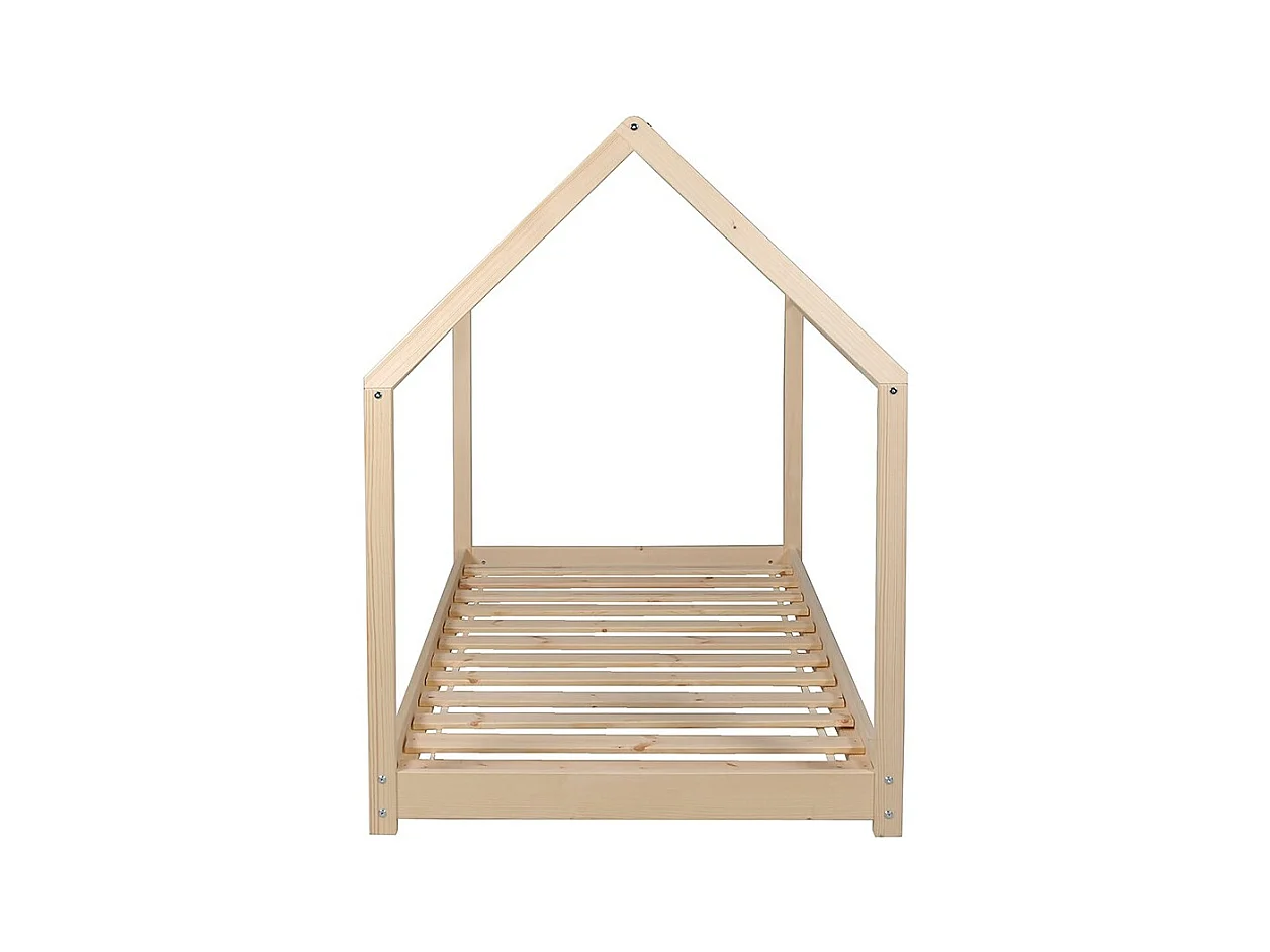 Lit cabane enfant 90x200cm bois massif PANDOU Naturel inclus sommier