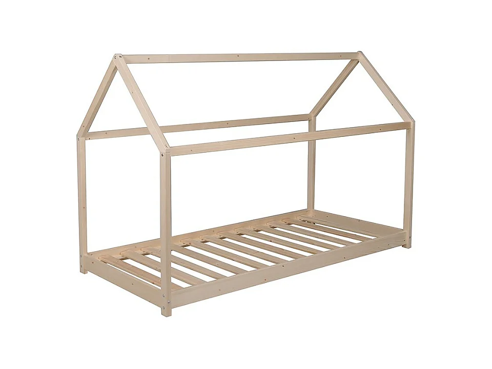 Lit cabane enfant 90x200cm bois massif PANDOU Naturel inclus sommier