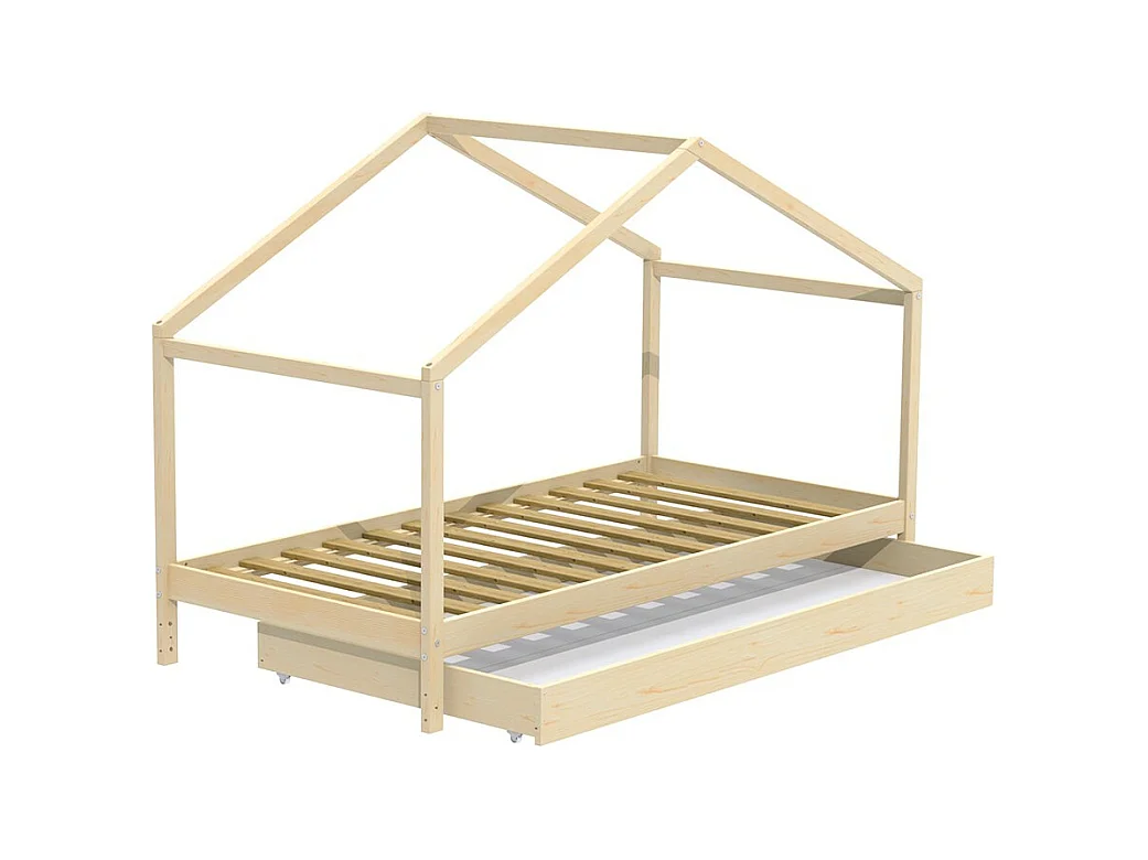 Lit cabane enfant 90x190cm bois massif KITO Naturel inclus sommier et tiroir