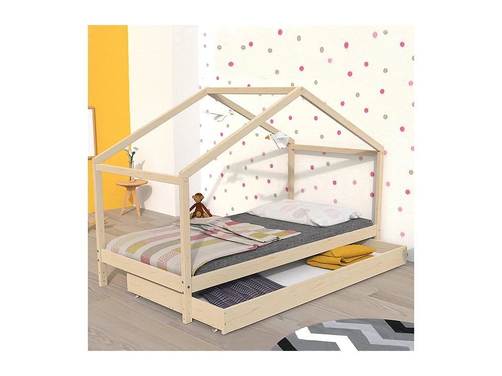 Lit cabane enfant 90x190cm bois massif KITO Naturel inclus sommier et tiroir
