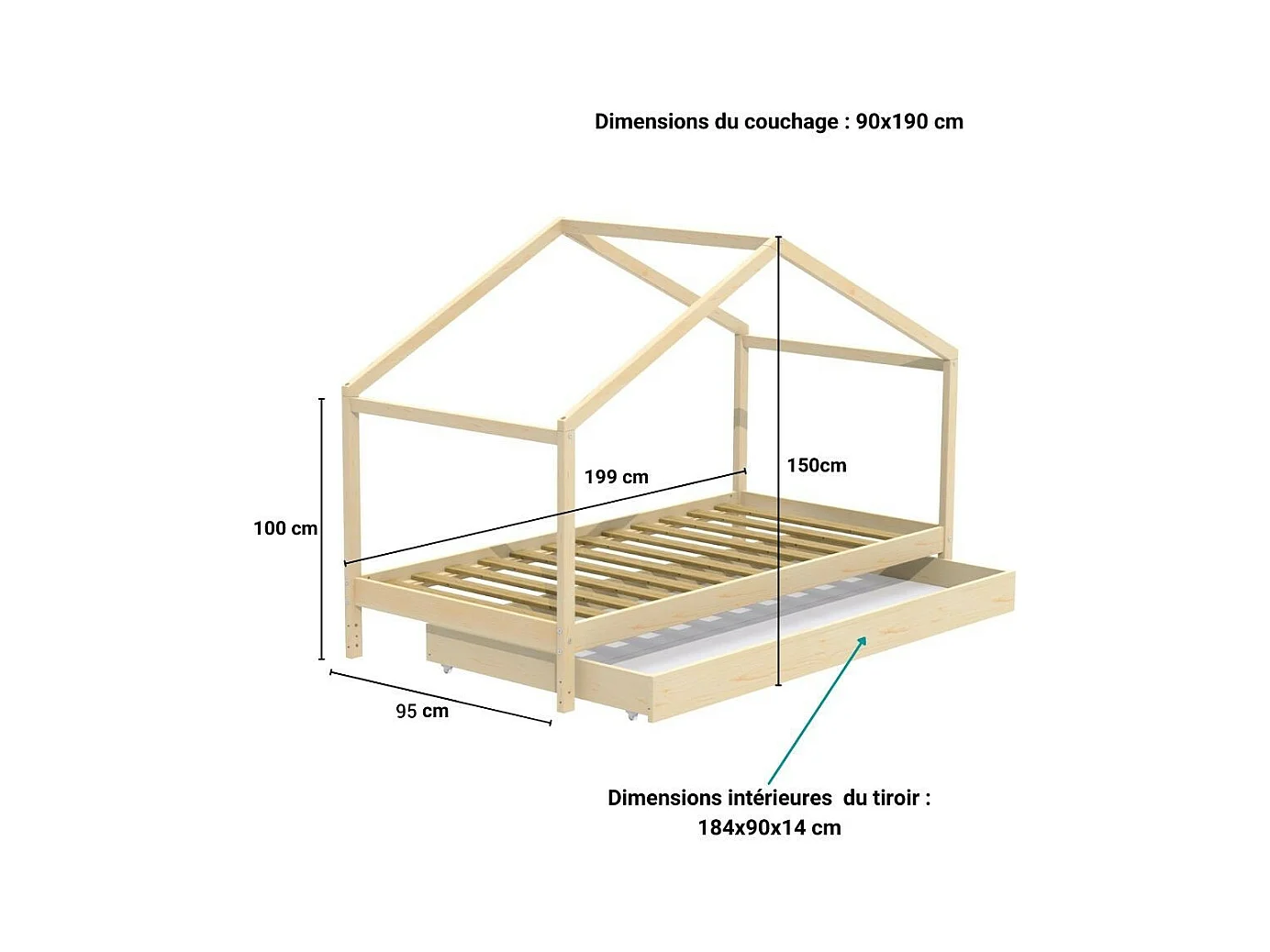 Lit cabane enfant 90x190cm bois massif KITO Naturel inclus sommier et tiroir