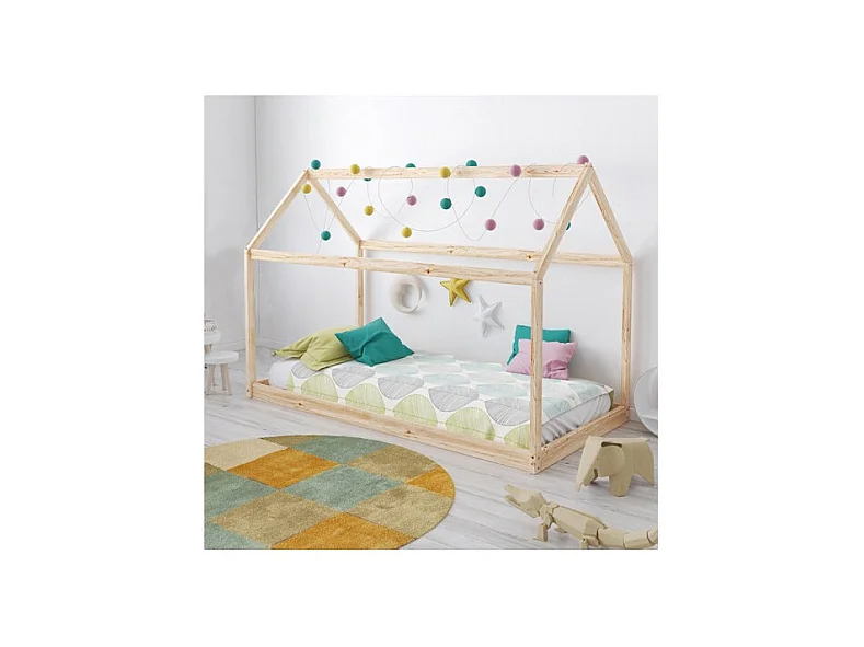 Lit cabane enfant 70x140cm bois massif PANDOU Naturel inclus sommier