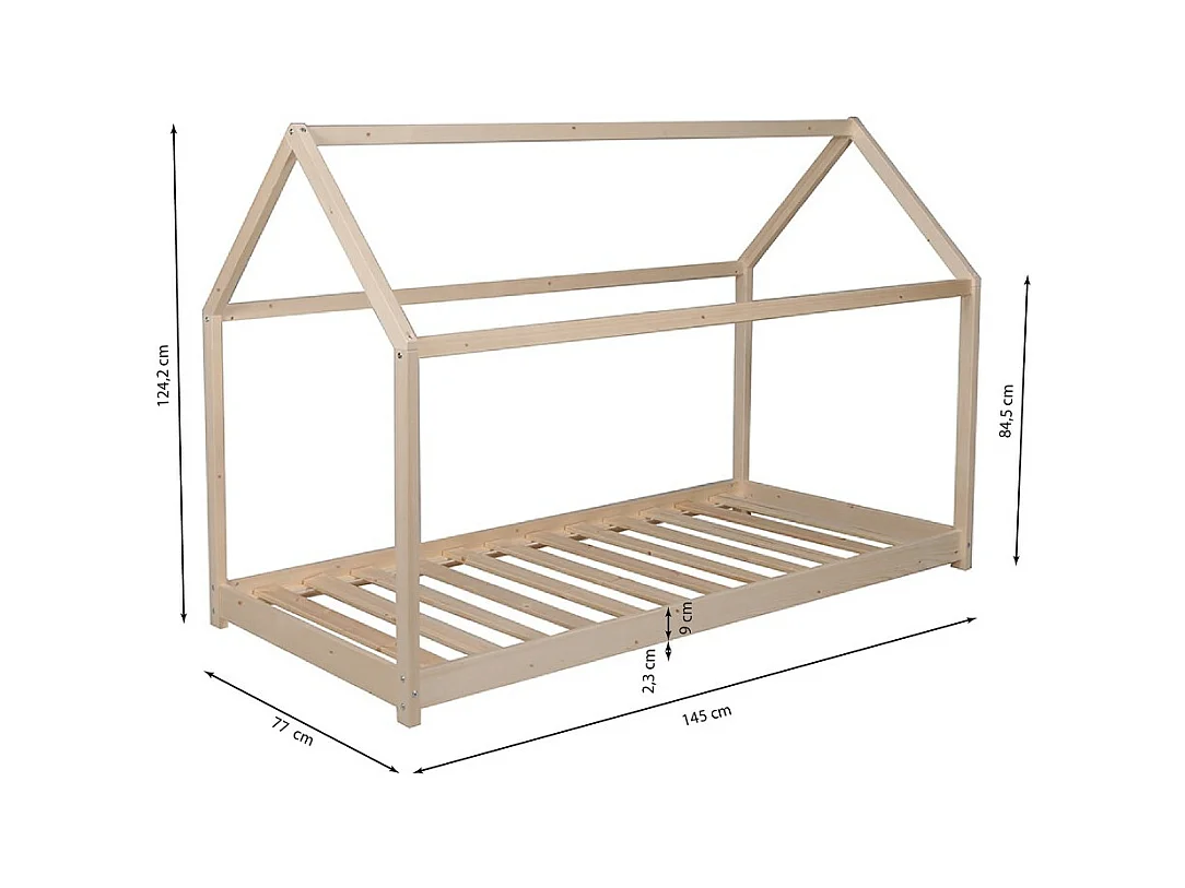 Lit cabane enfant 70x140cm bois massif PANDOU Naturel inclus sommier