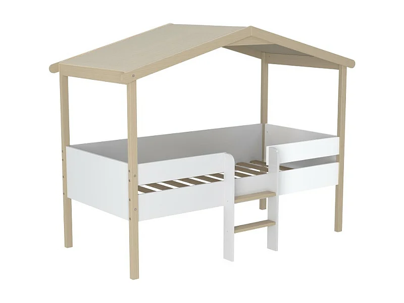 Lit cabane hauteur  90x190cm bois massif POLI naturel blanc inclus sommier