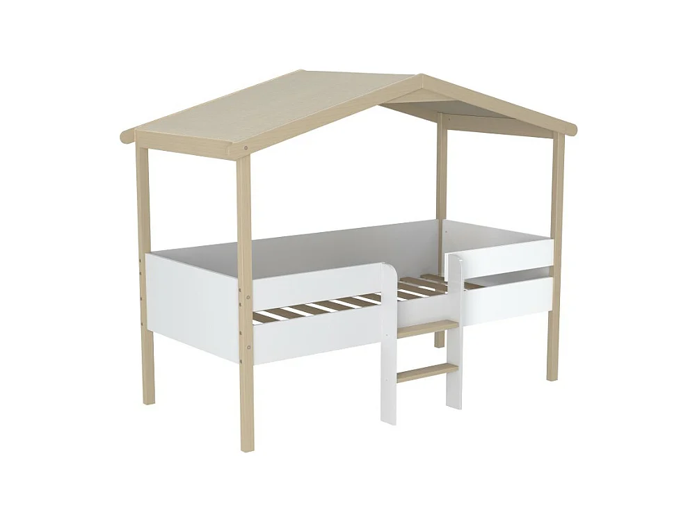 Lit cabane hauteur  90x190cm bois massif POLI naturel blanc inclus sommier