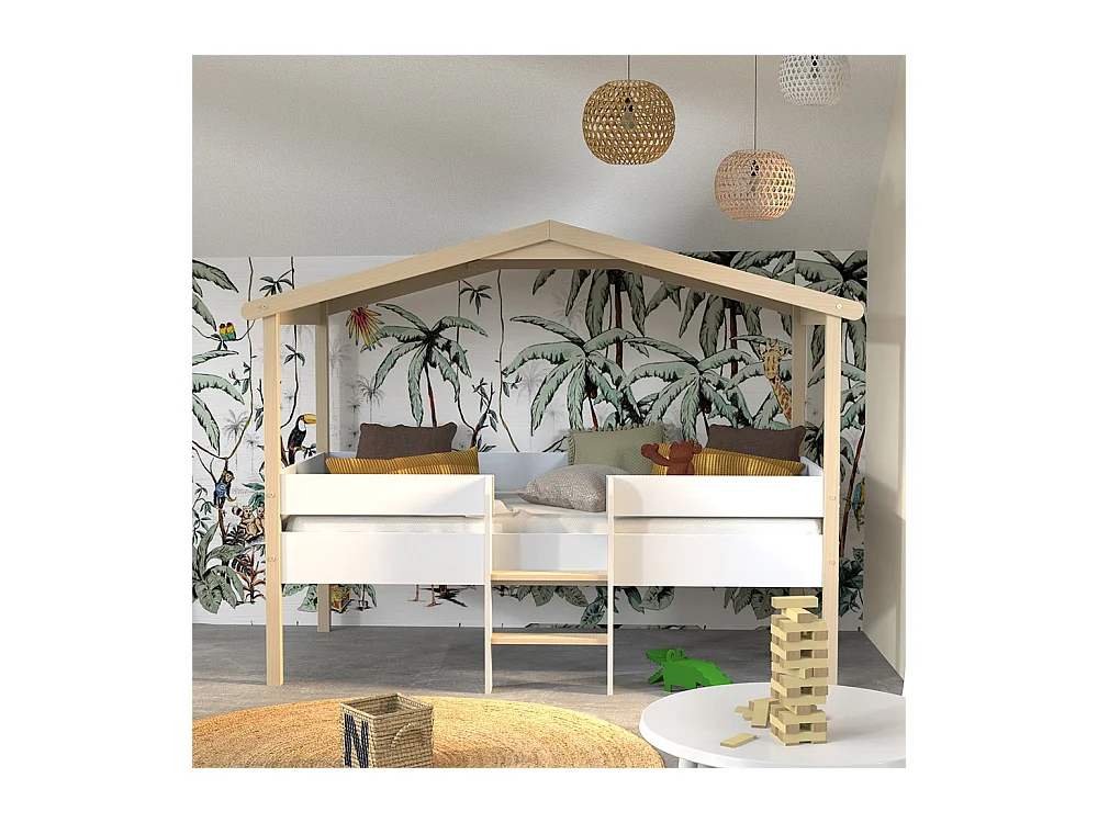 Lit cabane hauteur  90x190cm bois massif POLI naturel blanc inclus sommier