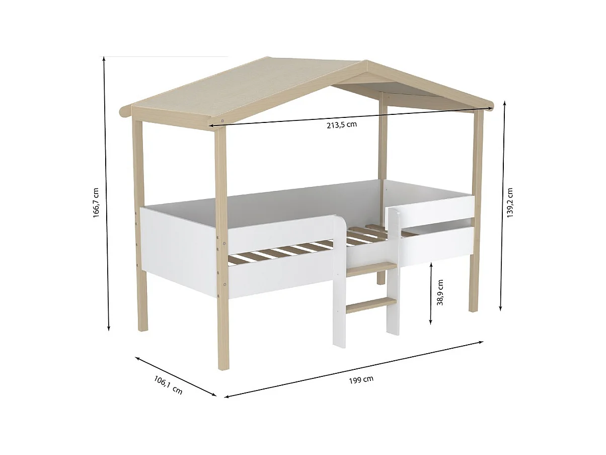 Lit cabane hauteur  90x190cm bois massif POLI naturel blanc inclus sommier