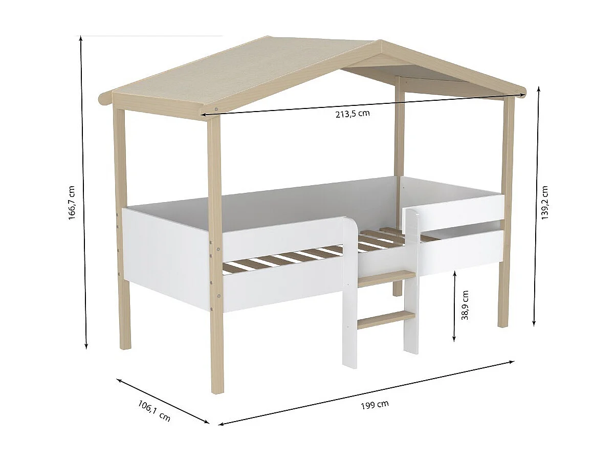Lit cabane hauteur  90x190cm bois massif POLI naturel blanc inclus sommier
