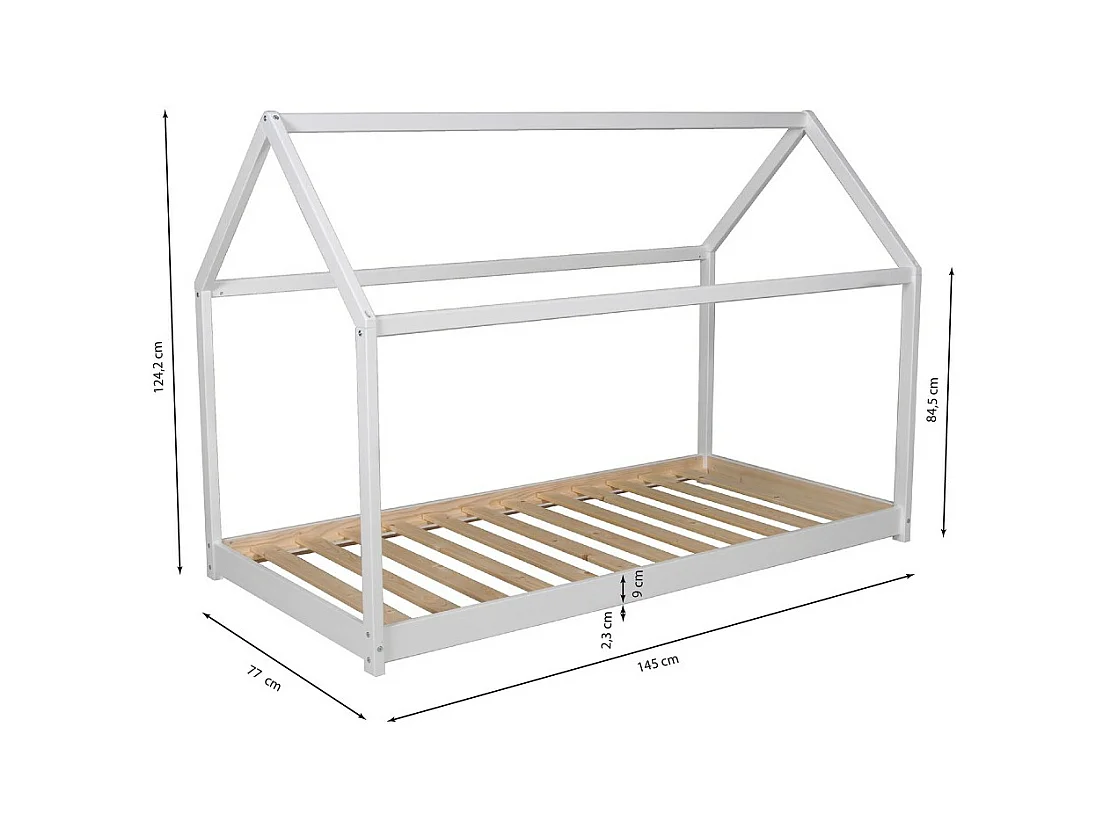 Lit cabane enfant 70x140cm bois massif PANDOU Blanc inclus sommier