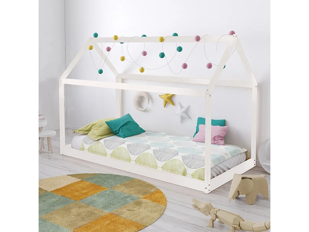 Lit cabane enfant 70x140cm bois massif PANDOU Blanc inclus sommier