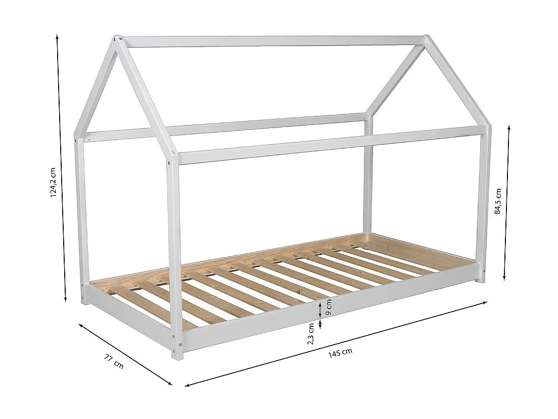 Lit cabane enfant 70x140cm bois massif PANDOU Blanc inclus sommier