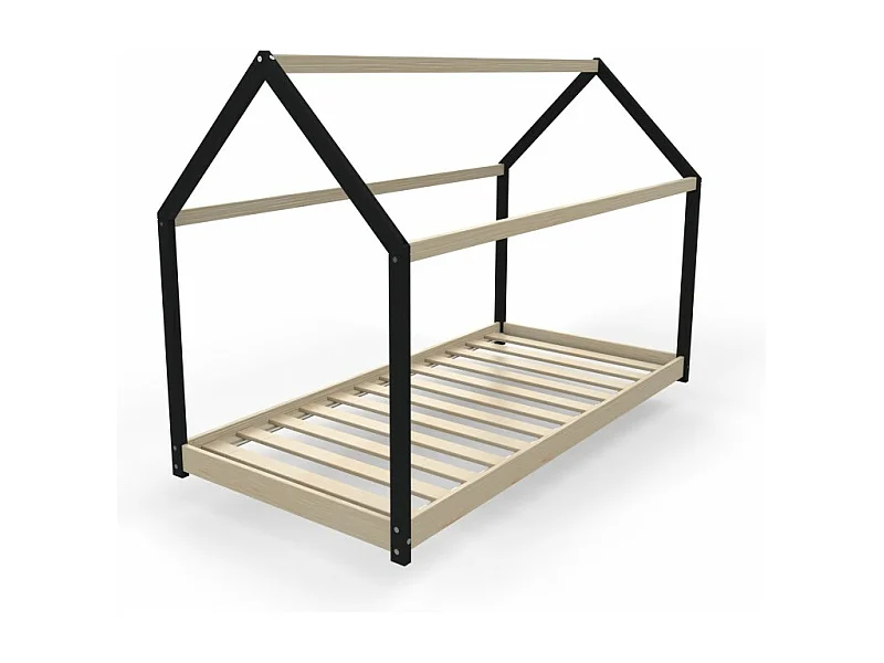 Lit cabane enfant 90x190cm bois massif PANDOU Laqué Noir et Naturel inclus sommier