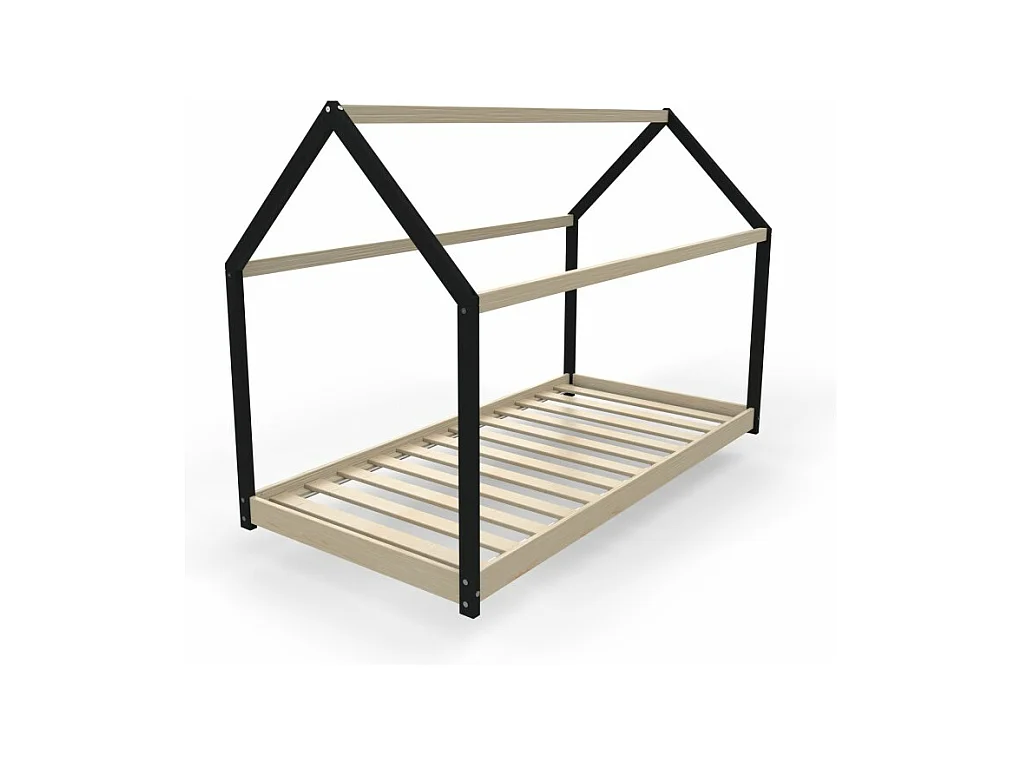 Lit cabane enfant 90x190cm bois massif PANDOU Laqué Noir et Naturel inclus sommier