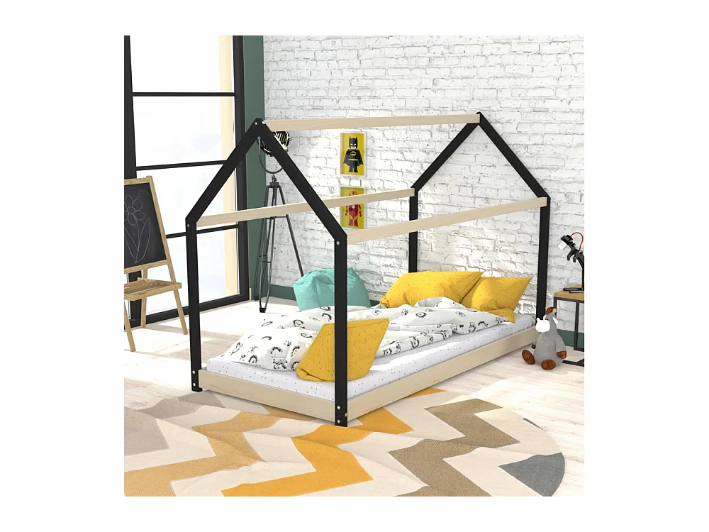 Lit cabane enfant 90x190cm bois massif PANDOU Laqué Noir et Naturel inclus sommier