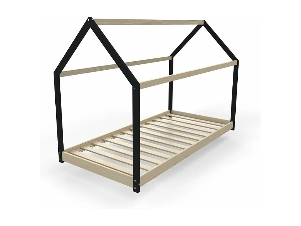 Lit cabane enfant 90x190cm bois massif PANDOU Laqué Noir et Naturel inclus sommier