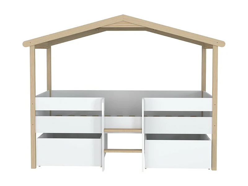 Lit cabane hauteur  90x200cm bois massif POLI naturel blanc inclus sommier et 2 tiroirs