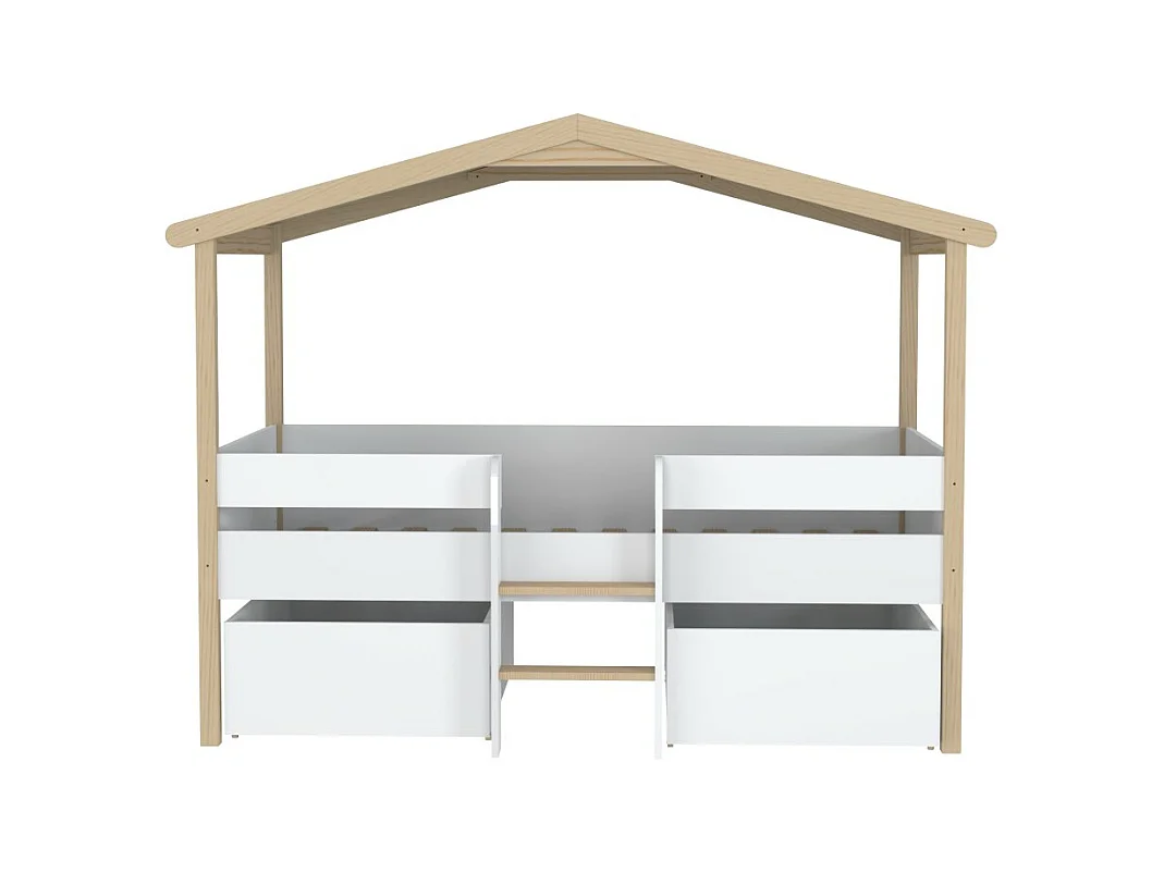 Lit cabane hauteur  90x200cm bois massif POLI naturel blanc inclus sommier et 2 tiroirs