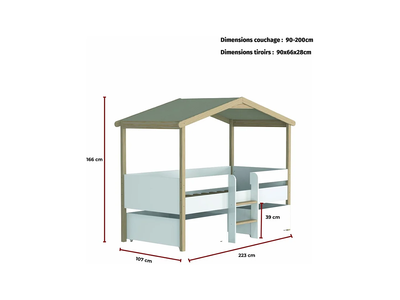 Lit cabane hauteur  90x200cm bois massif POLI naturel blanc inclus sommier et 2 tiroirs