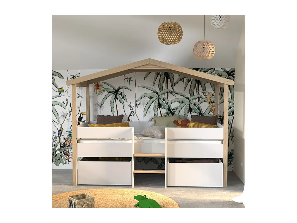 Lit cabane hauteur  90x200cm bois massif POLI naturel blanc inclus sommier et 2 tiroirs