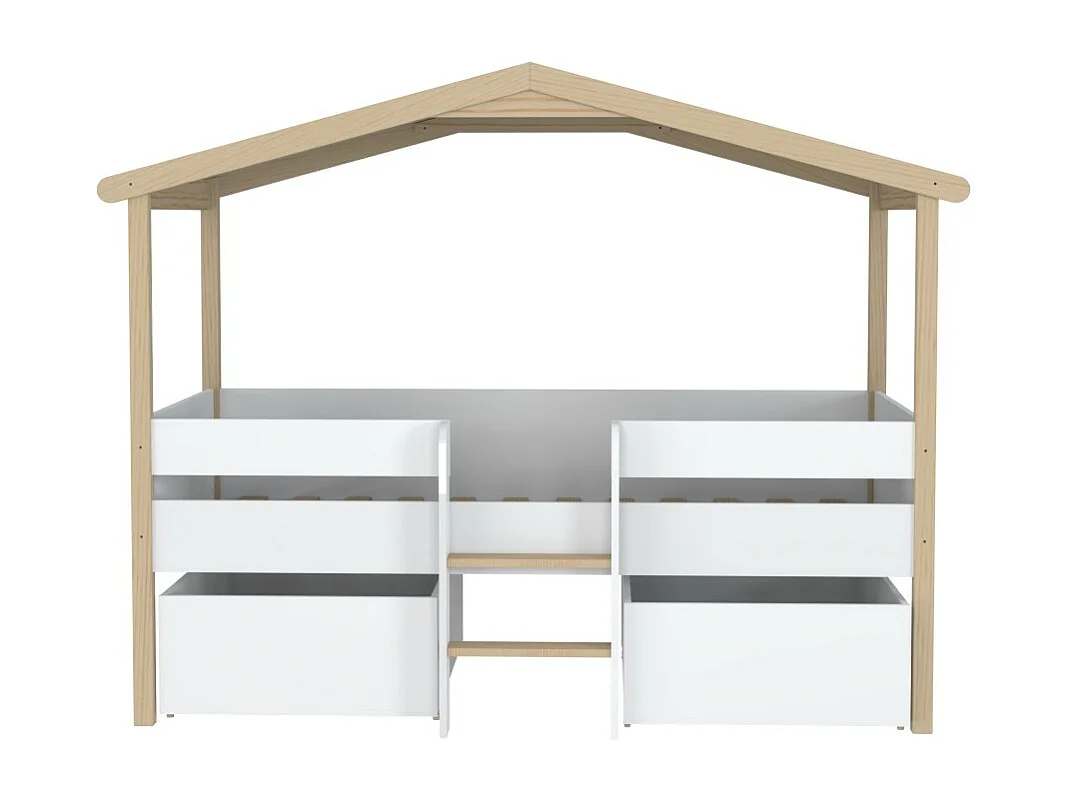 Lit cabane hauteur  90x200cm bois massif POLI naturel blanc inclus sommier et 2 tiroirs