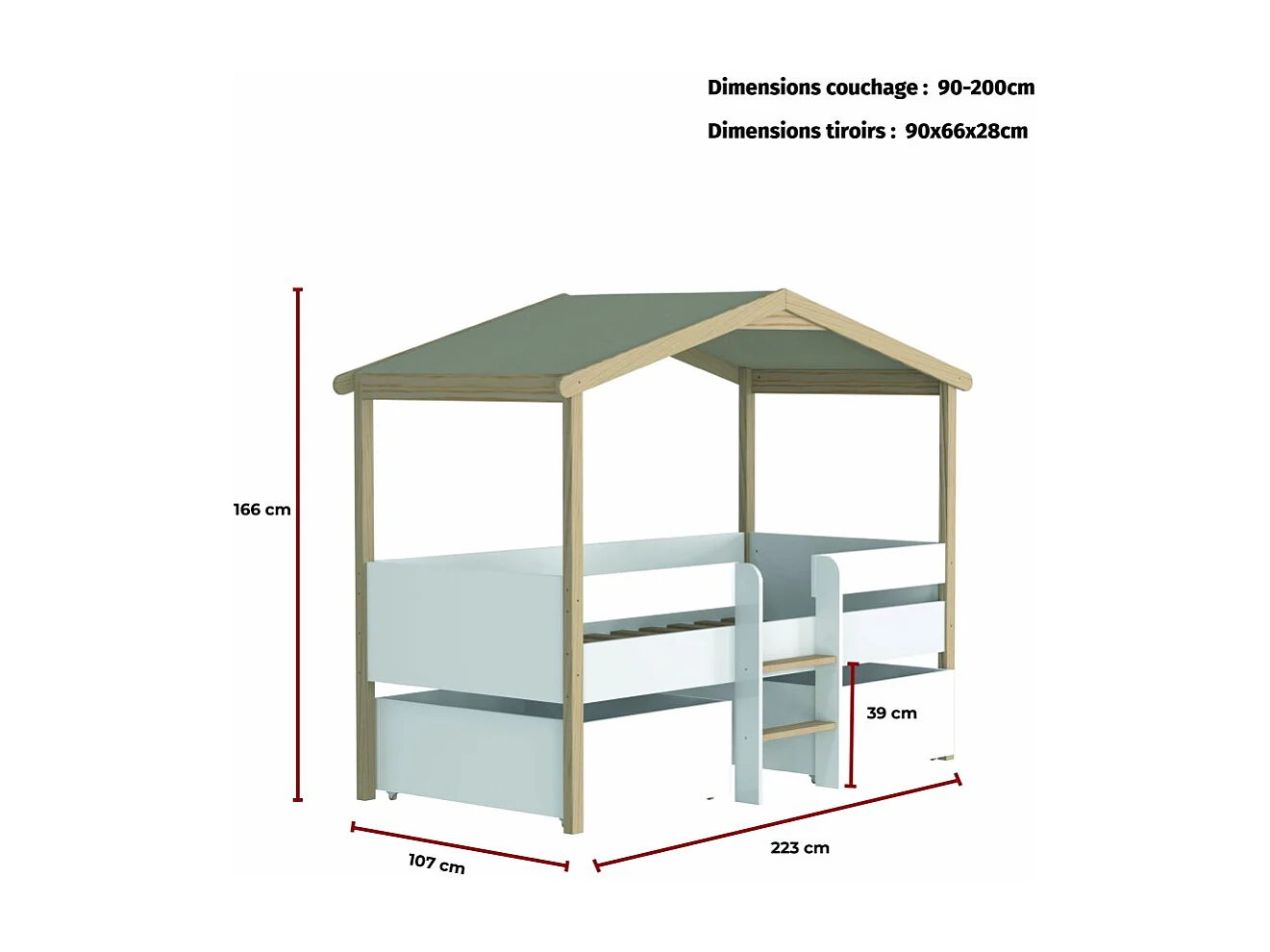 Lit cabane hauteur  90x200cm bois massif POLI naturel blanc inclus sommier et 2 tiroirs