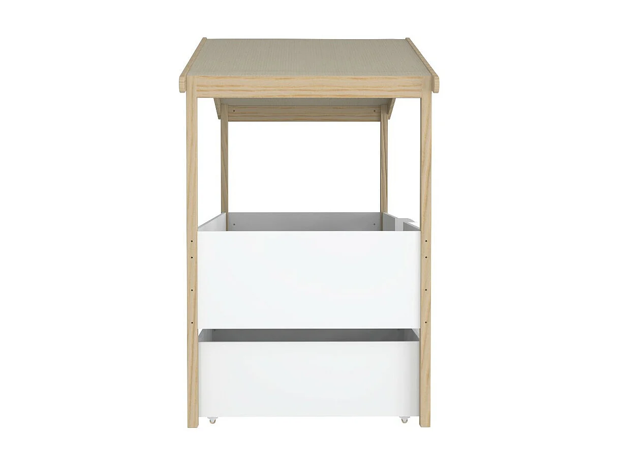 Lit cabane hauteur  90x200cm bois massif POLI naturel blanc inclus sommier et 2 tiroirs