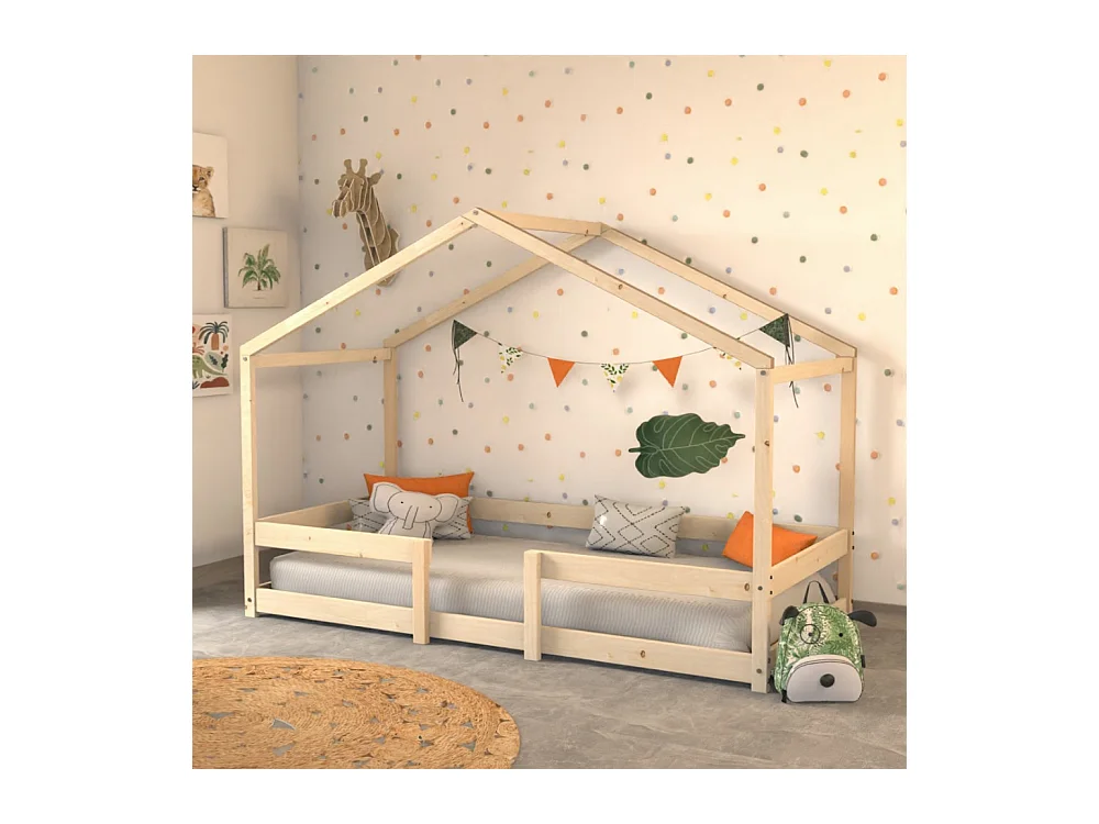 Lit cabane enfant 90x190cm bois massif INDIK Naturel inclus sommier