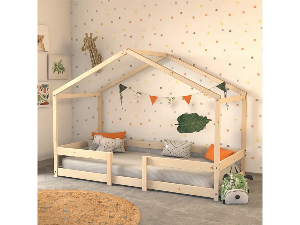 Lit cabane enfant 90x190cm bois massif INDIK Naturel inclus sommier