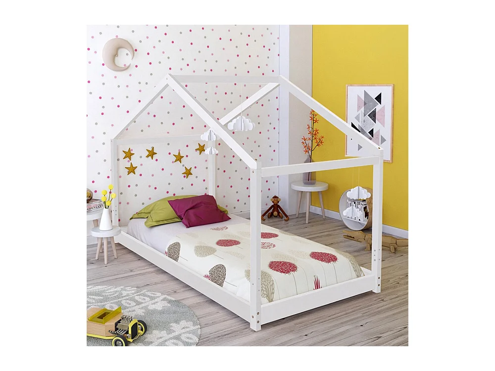 Lit cabane enfant 90x190cm bois massif KITO blanc inclus sommier