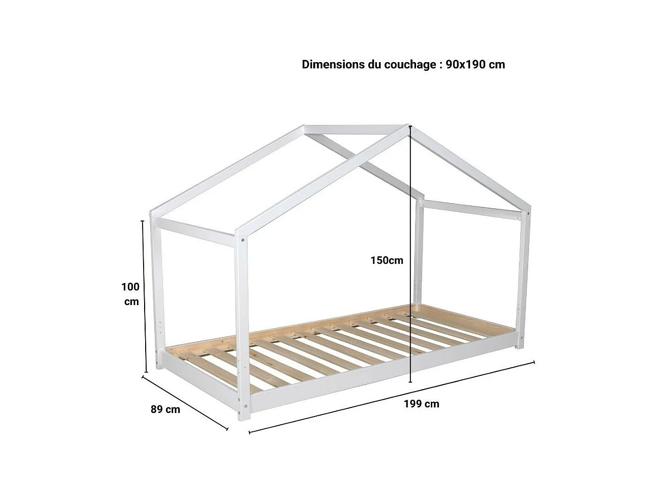 Lit cabane enfant 90x190cm bois massif KITO blanc inclus sommier