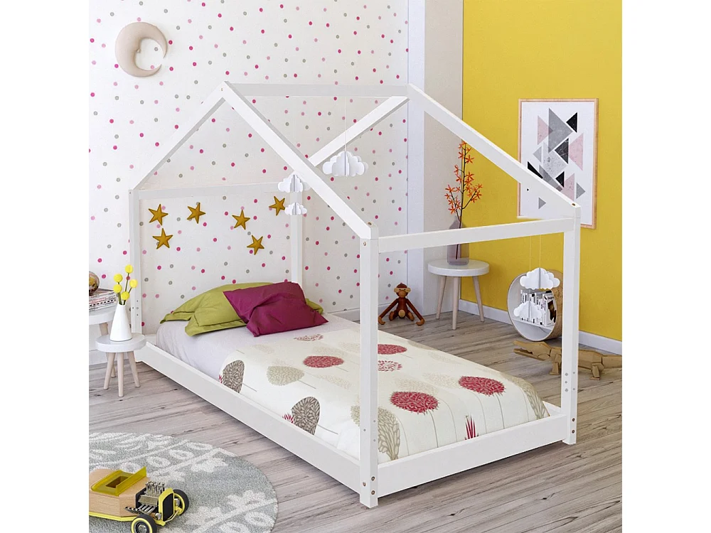 Lit cabane enfant 90x190cm bois massif KITO blanc inclus sommier