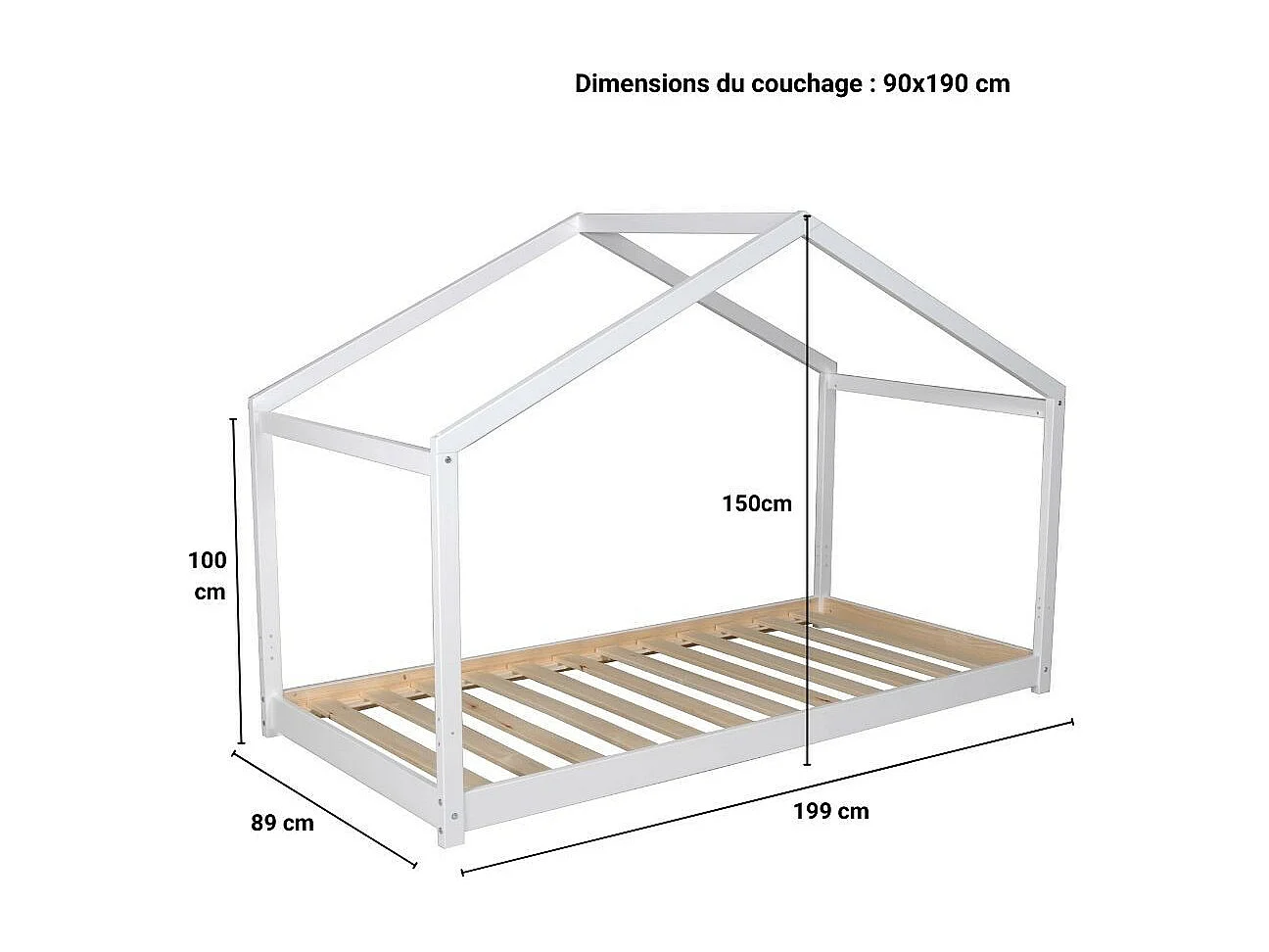 Lit cabane enfant 90x190cm bois massif KITO blanc inclus sommier