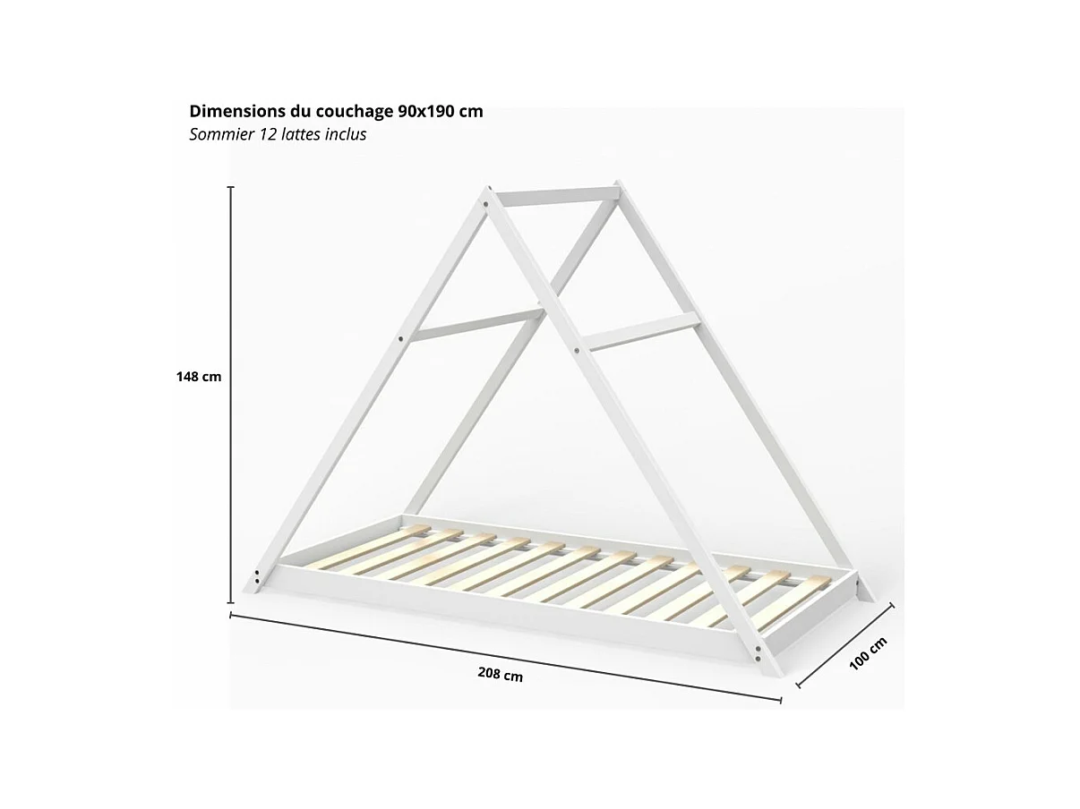 Lit cabane enfant 90x190cm bois massif APATE Blanc inclus sommier
