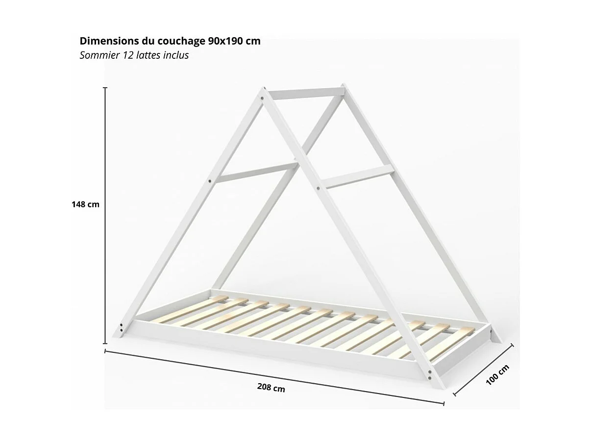 Lit cabane enfant 90x190cm bois massif APATE Blanc inclus sommier