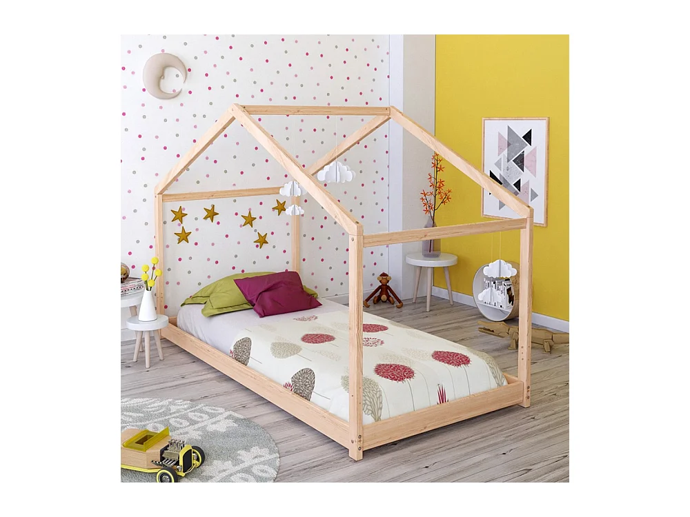 Lit cabane enfant 90x190cm bois massif KITO Naturel inclus sommier