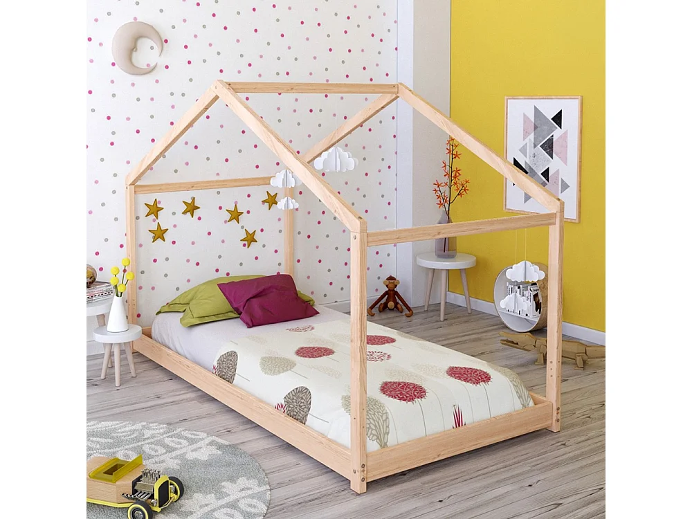 Lit cabane enfant 90x190cm bois massif KITO Naturel inclus sommier