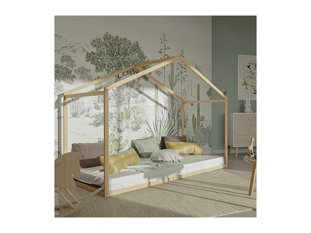 Lit cabane enfant 90x190cm bois massif WATE Naturel inclus sommier