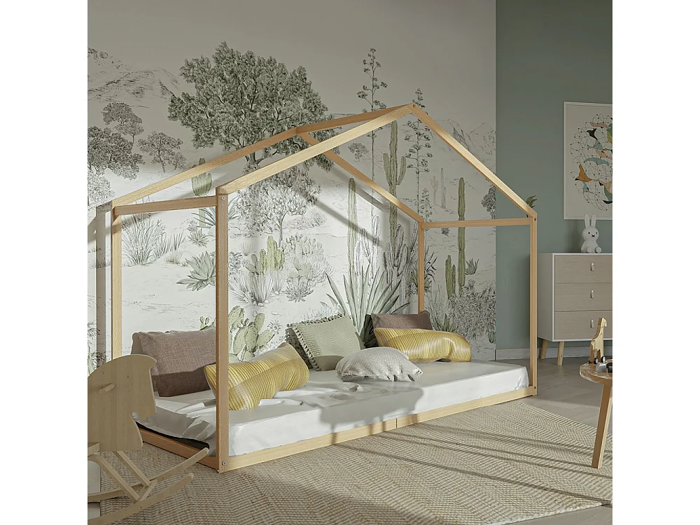 Lit cabane enfant 90x190cm bois massif WATE Naturel inclus sommier