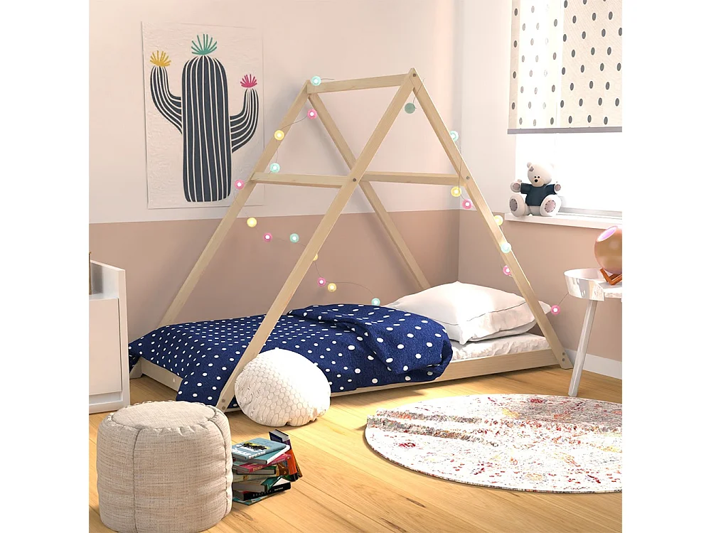 Lit cabane enfant 90x190cm bois massif APATE Naturel inclus sommier