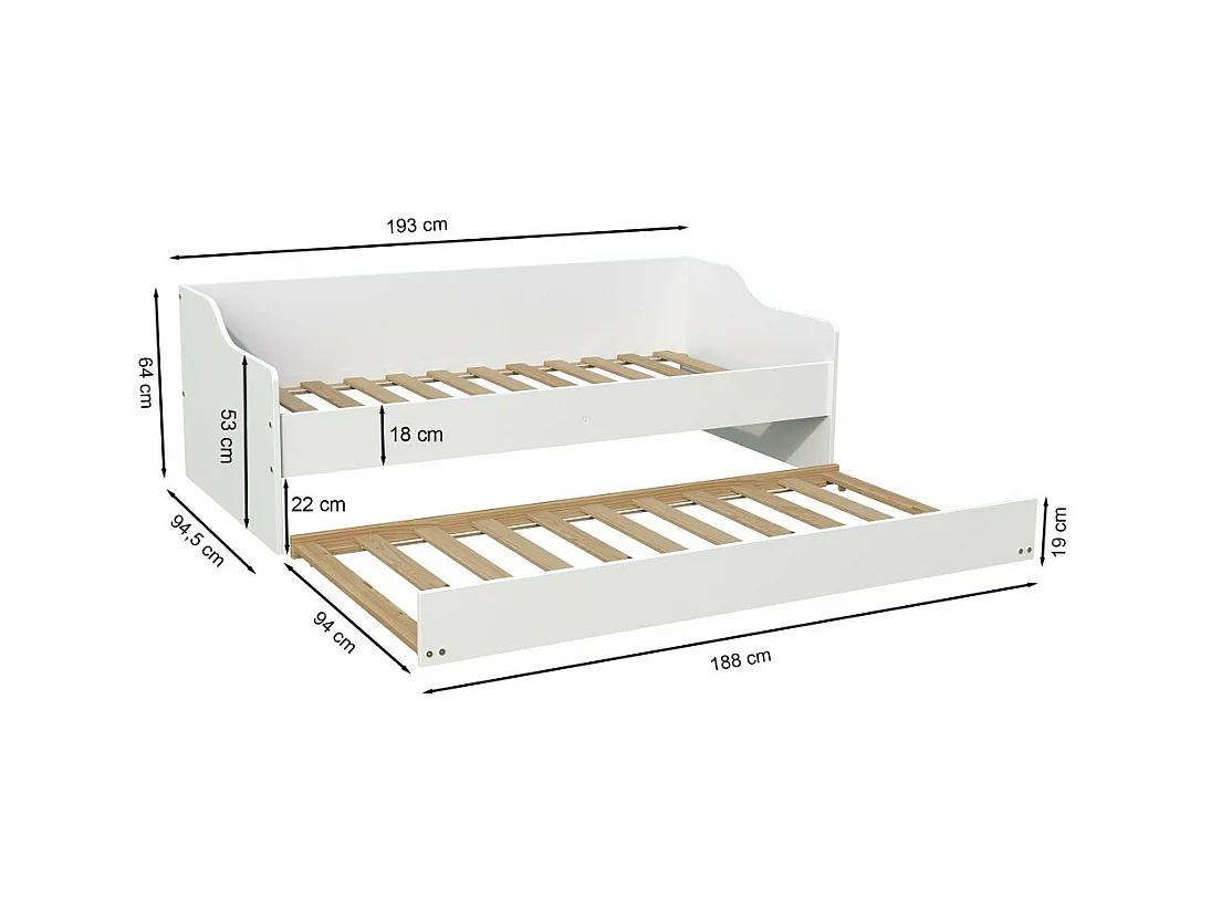 Lit gigogne 90x190cm blanc SWITY  Blanc inclus sommier et 1 tiroir lit